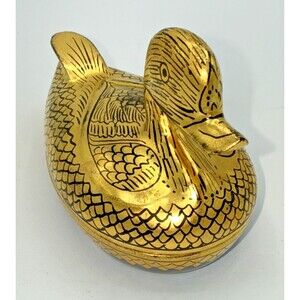 Vintage Wood Foil Gold & Black Lacquer Duck Trinket Box Handpainted 5”x3”